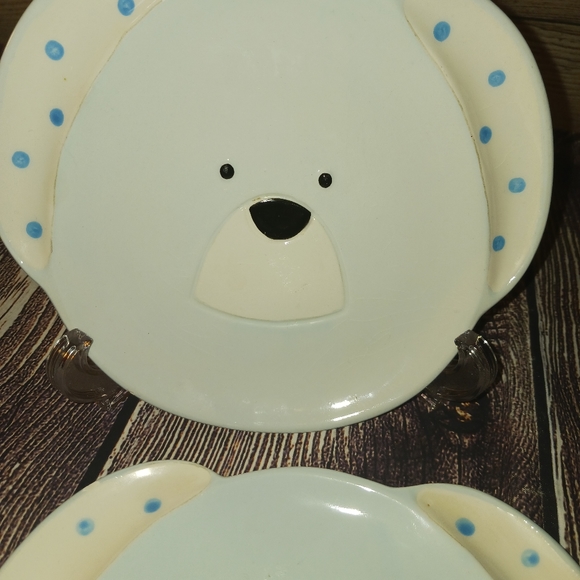 Two Vintage Knobler Japan Teddy Bear Head Plates Whimsical Blue White Polka Dots - Picture 4 of 7